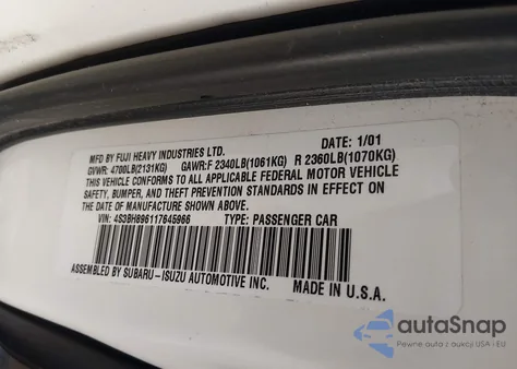 2001 Subaru Outback H6-3.0 z USA, uszkodzony, nr VIN 4S3BH896117645966